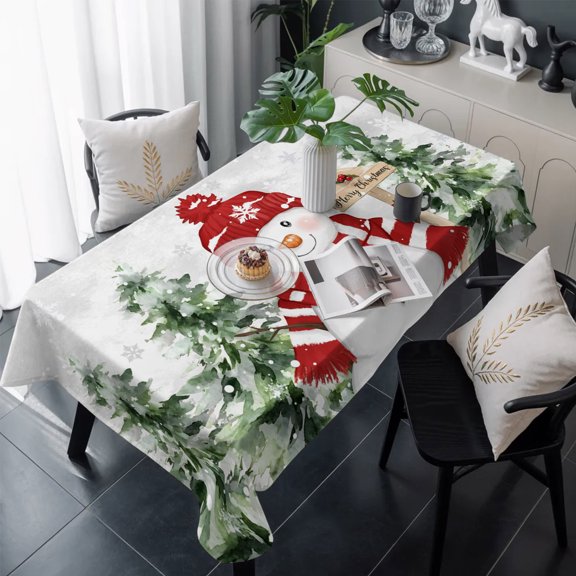 Grey Christmas Table Cloth Waterproof Tablecloths, Winter Vintage Snowman Pine Tree Snowy Tablecloth Dining Table Cover for Kitchen Party Tabletop Outdoor, Rectangle Tablecloth 54x108 Inch
