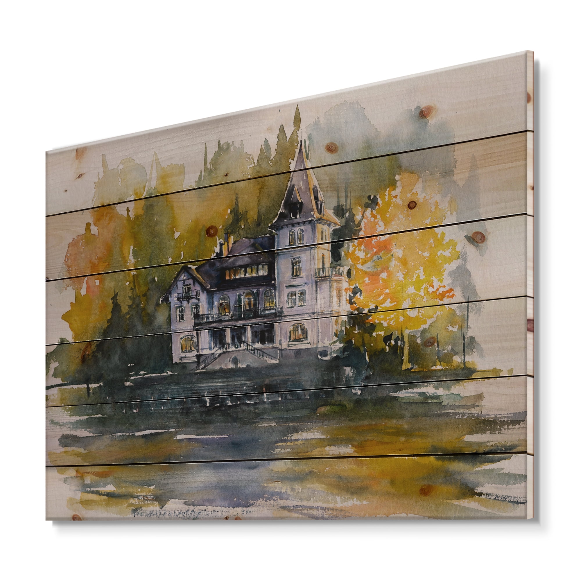 Designart 'Castle With Autumn Trees By The Lake' Lake House Print on Natural Pine Wood