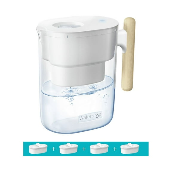 Waterdrop Chubby 10-Cup Water Filter Pitcher with 4 Filter, NSF Certified,200 Gal, Reduces PFAS, PFOA/PFOS, Chlorine, BPA Free, 5X Times Lifetime, White