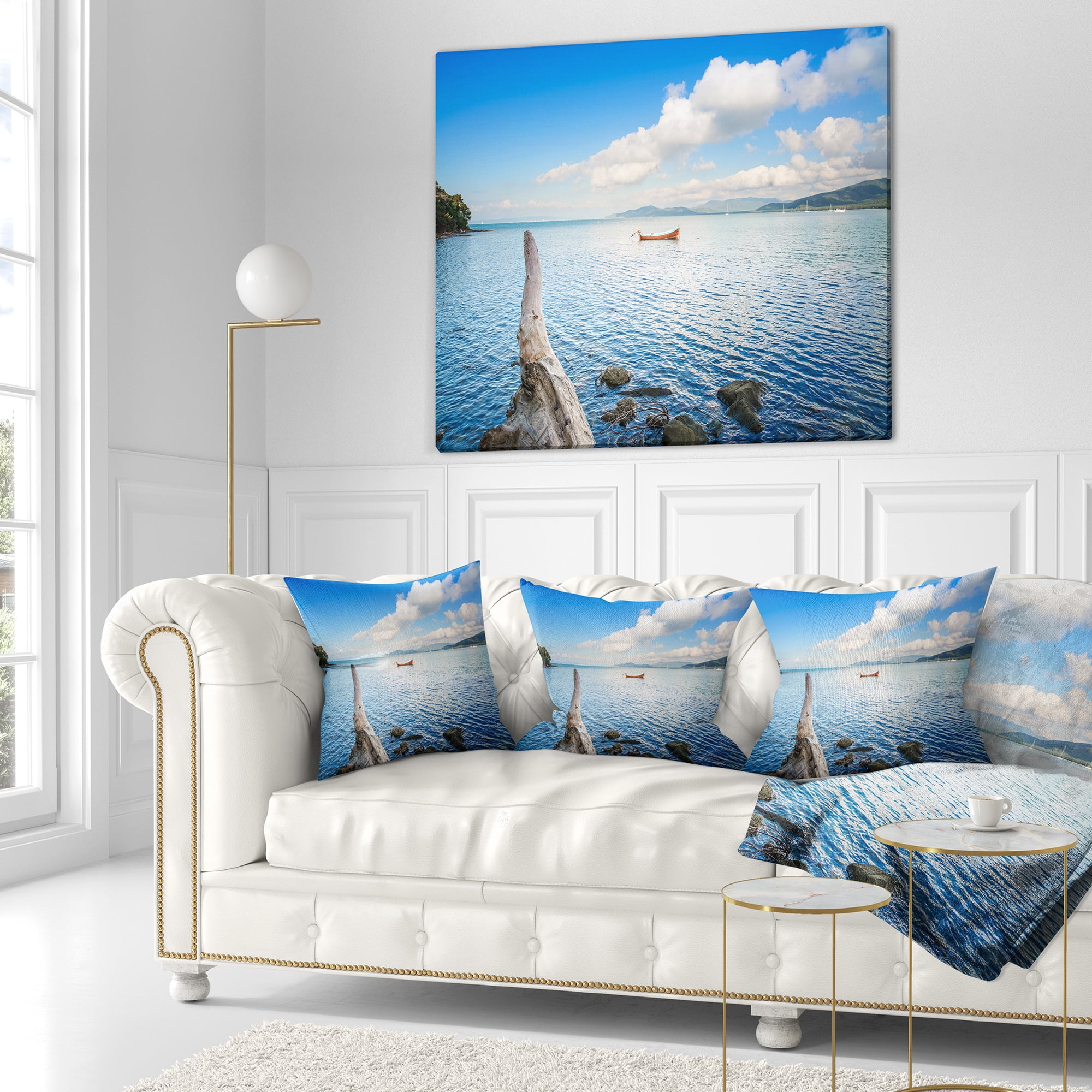 Designart Small Wooden Boat and Tree Trunk - Seashore Throw Pillow - 16x16