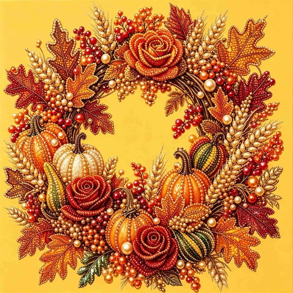 Fall Pumpkin Wreath Pearl Diamond Painting DIY Kit Thanksgiving Harvest Rose Maple Leaf Crystal Bead Art Set for Adults Teens Beginner-Friendly Autumn Home Wall Decor Holiday Gift
