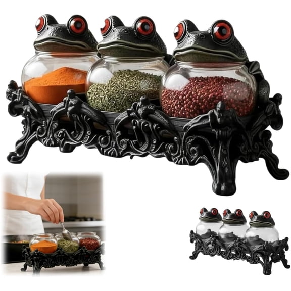 Handcrafted Vintage Apothecary Spice Jars with Red-Eyed Frog Lids – Gothic Kitchen Herb & Tea Storage Containers, Fun Display for Home Decor, 3-Piece Glass Jar Set