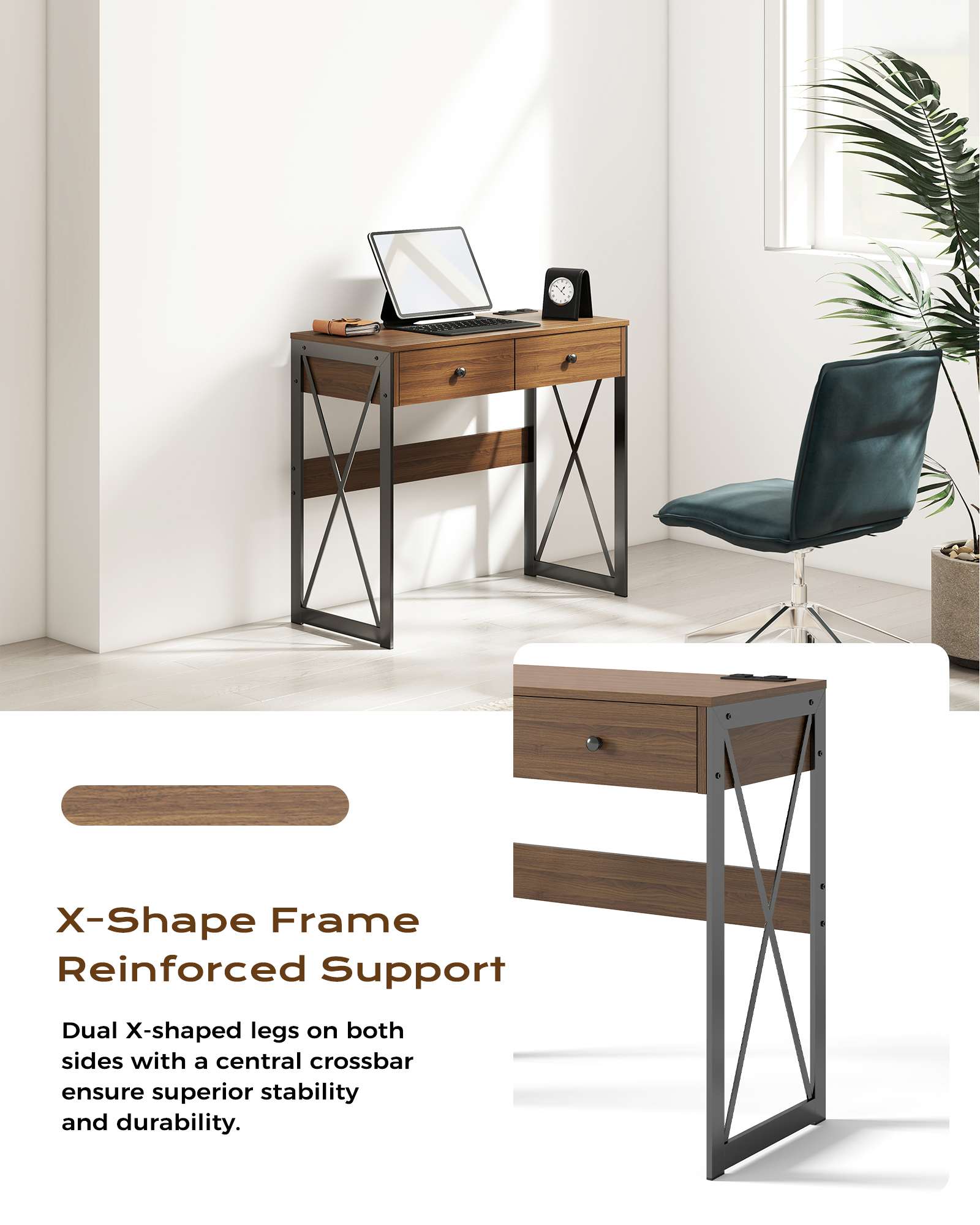 Manora Home Office Desk, Computer Desk Small PC Table with 2 Drawers, X Shaped Legs, Walnut