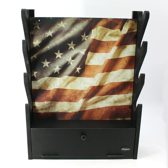 Rush Creek Creations Indoor 4 Rifle/Shotgun Wall Storage Americana Display Rack - Storage Compartment For Accessories - Black Finish