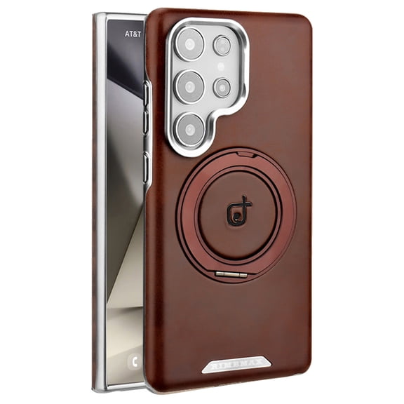 Designed For Samsung Galaxy S25 Ultra Magnetic Phone Case,With 360°Rotatable Invisible Ring Kickstand,Compatible with Mag-Safe,PU Leather Shockproof Ultra Slim Rugged Durable Phone Case,Darkbrown
