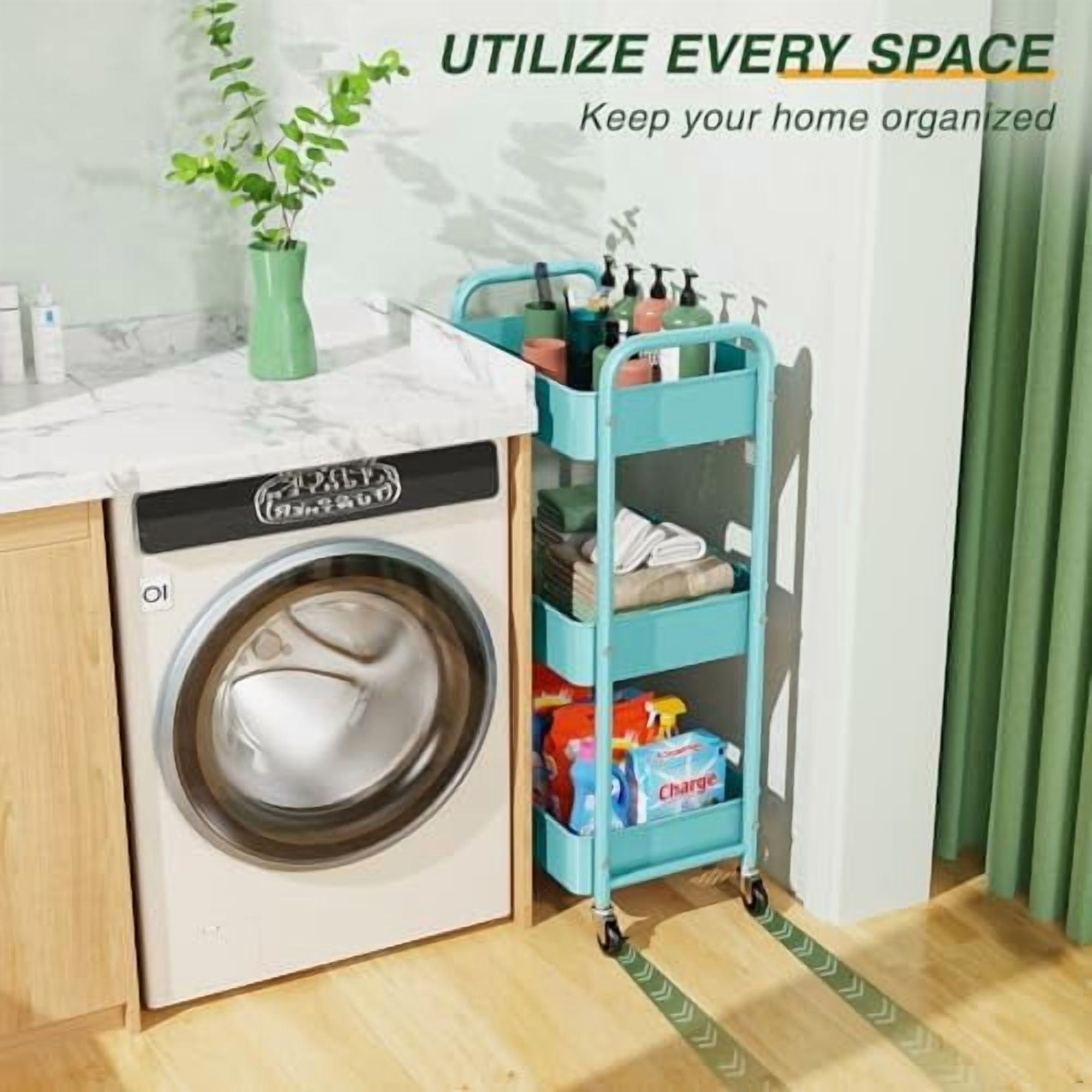 3 Tier Rolling Storage Cart, Metal Trolley Utility Cart with Wheels & Hooks, Easy Assembly Organizer Storage Cart for Bathroom Kitchen Office Bedroom Blue