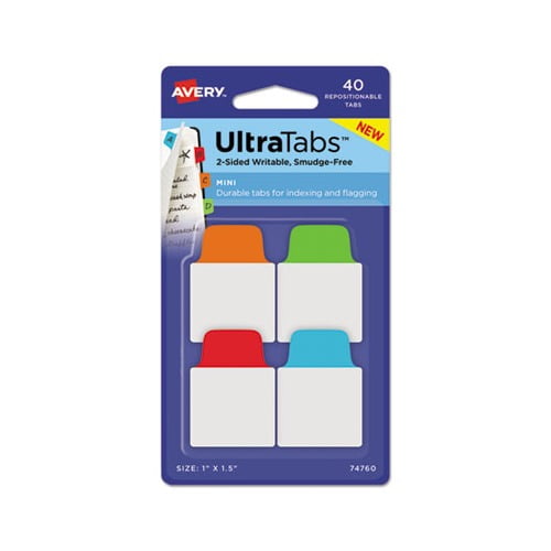 Ultra Tabs Repositionable Mini Tabs 1/5-Cut Tabs, Assorted Primary Colors, 1" Wide, 40/Pack