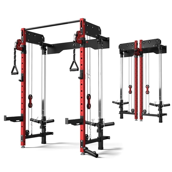 MITONOS Wall Mounted Folding Squat Rack,1200 LBS Power Rack with Dual Independent Pulley System, 5 Adjustable Modes, Functional Trainer for Space Saving Home Gym,Red
