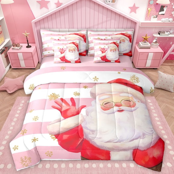 Homewish Kawaii Santa Claus 7-Piece Twin Bedding Sets For Children Teens Adults,Happy Christmas Xmas Bedding Comforter Set,Geometric Stripes Breathable Sheet Sets,Super Cozy Room Decor,Reversible