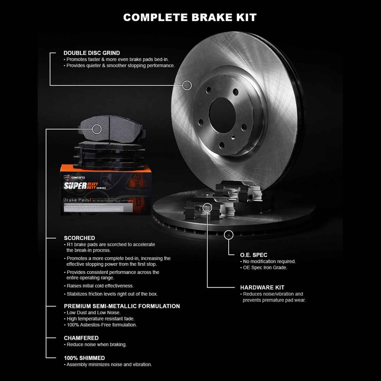 R1 Concepts Front Brakes and Rotors Kit |Front Brake Pads| Brake Rotors and Pads| Super Duty Brake Pads and Rotors| Hardware Kit WFXH1-40432
