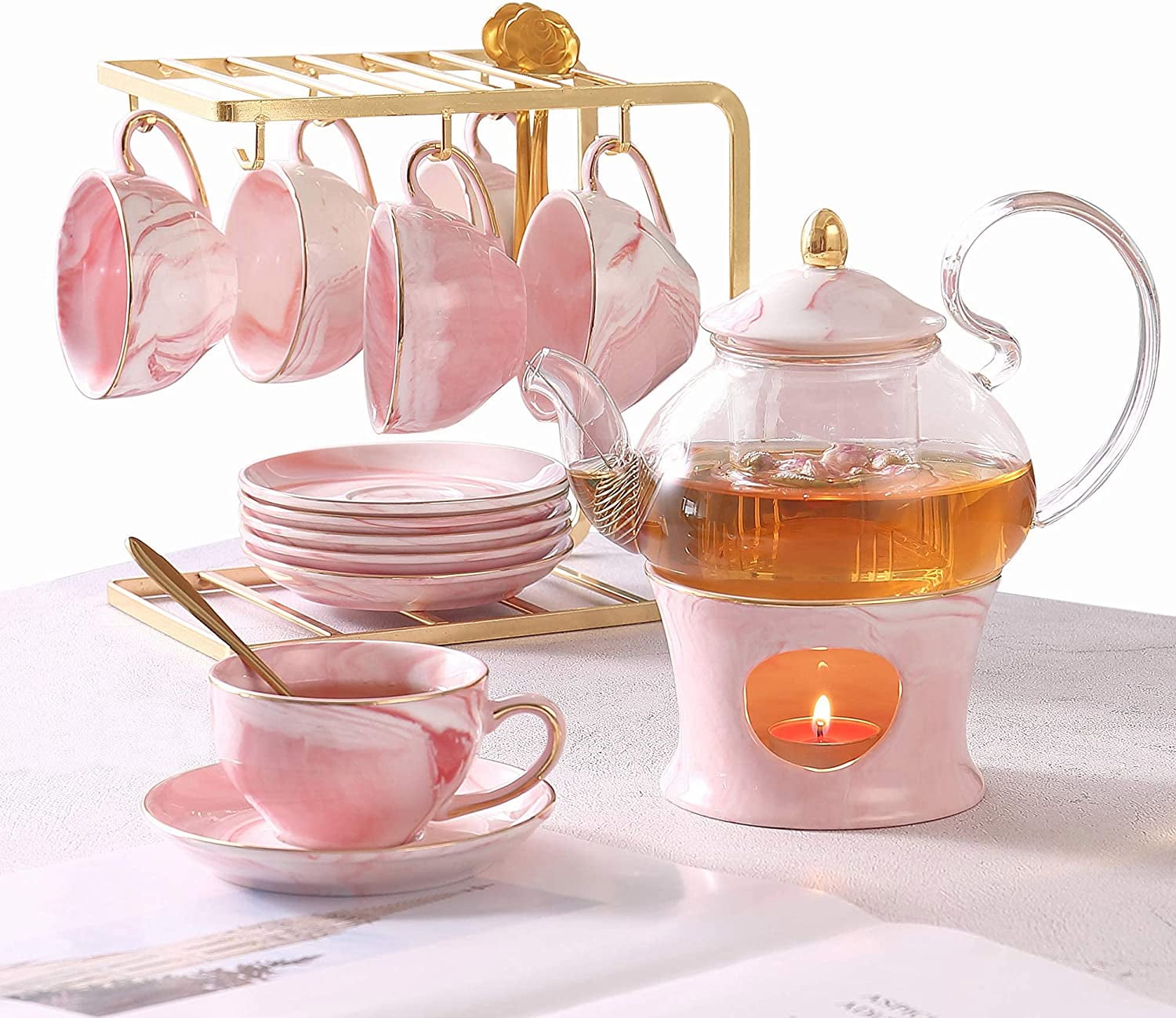 Fine Porcelain Tea Pot Set for Girls&Women 1 Glass Teapot 6 Spoons Pink Marble Texture with Handcraft Golden Trim 6 Saucers 4oz DUJUST 21 pcs Small Tea Set of 6 22oz 1 Shelf&1 Warmer 6 Cups 