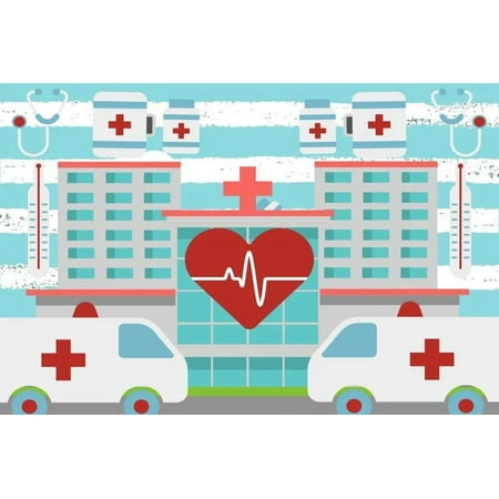 Image of Nurse Graduation Photography Backdrop Cartoon Ambulance Pill Hearing Aid Red White Cross Baby Shower Portrait Background