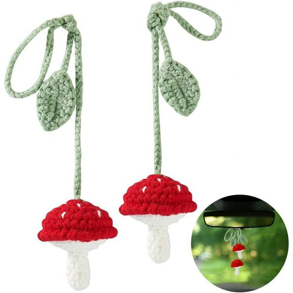 2 pcs Mushroom Car Accessories Cute Crochet Car Hanging Ornament Rear View Mirror Accessories Automotive Interior Decorations Rearview Hanging Charm