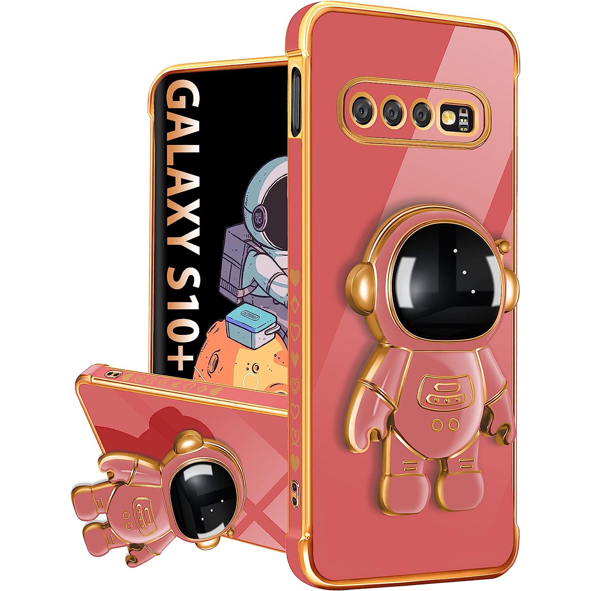 For Samsung Galaxy S10 Plus Case with Astronaut Stand, Women Girls Galaxy S10 Plus Cases, Girly Cute 6D Outer Space Heart Pattern Phone Cover for Samsung S10+ 6.4 Inch Red