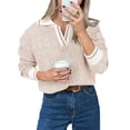thumbnail image 3 of Long Sleeve Womens Fall Sweaters Tops Lapel V Neck Knit Sweater Color Block Casual Soft Pullover Jumper, 3 of 7