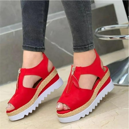 

IKemiter Women s Slope Platform Sandals Breathable Open Toes Shoes Zipper Closure