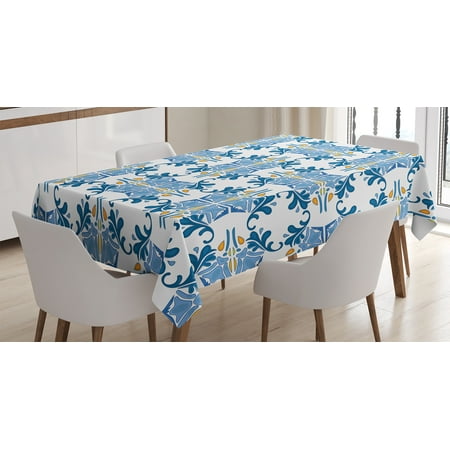 Traditional House Decor Tablecloth, Roman Tile Mosaic Design with Famous Artful Eastern Inspired Image, Rectangular Table Cover for Dining Room Kitchen, 60 X 84 Inches, Blue Yellow, by