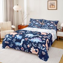 Homewish Cute Dinosaur King Sheet Set, Blue Leaves, 4-Piece Luxury