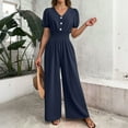 thumbnail image 6 of Costeam Womens Short Sleeve Button Front V Neck Jumpsuit Ruched Cinched Waist Wide Leg Full Length Solid Color Wrinkle Resistant Loose Casual One Piece Long Trousers Outfit, 6 of 9