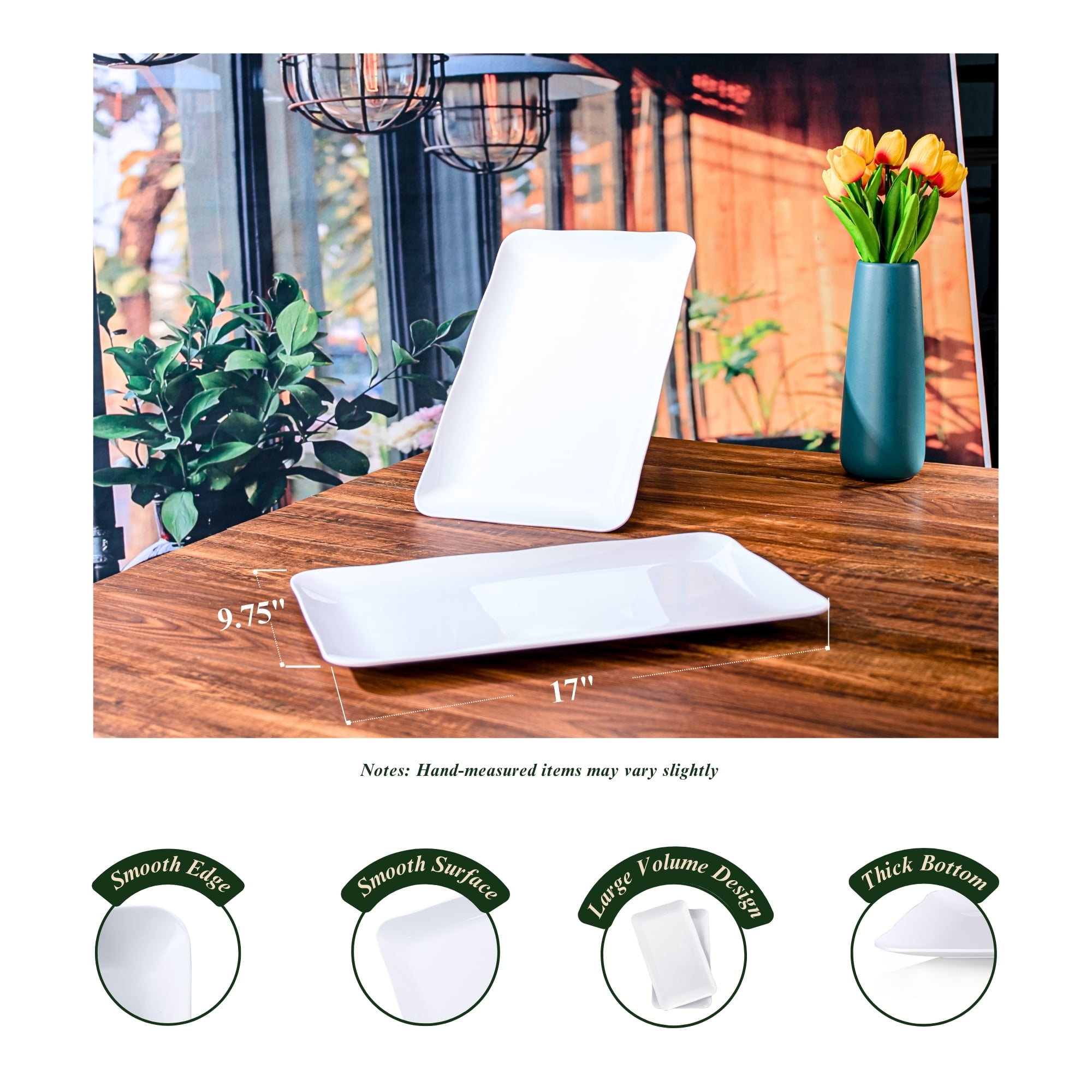 MIYOPESI 17-Inch Melamine Tray (Set of 2) - Unbreakable and Reusable Plastic Platters with Ceramic Feel, Stackable and Dishwasher-Safe - Versatile for All Meals