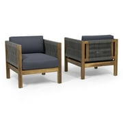 GDF Studio Charlotte Outdoor Acacia Wood and Rope Club Chair with Cushions, Set of 2, Teak and Gray