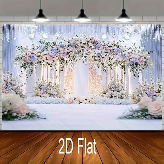 Romantic Floral Arch Wedding Backdrop Rose Hydrangea Bridal Shower Photography Background White Curtain Crystal Tassels Flower Wedding Party Decorations Banner Supplies Photo Booth Props