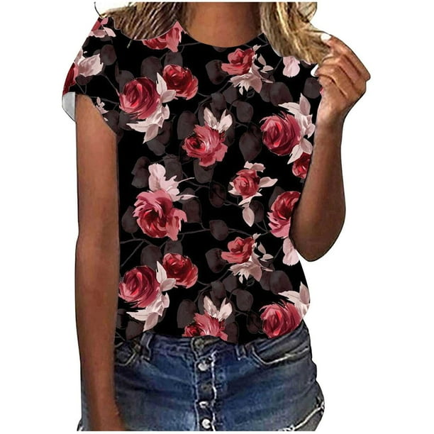 Tops con estampado de flores de manga corta con cuello redondo para mujer Fridja bn5905