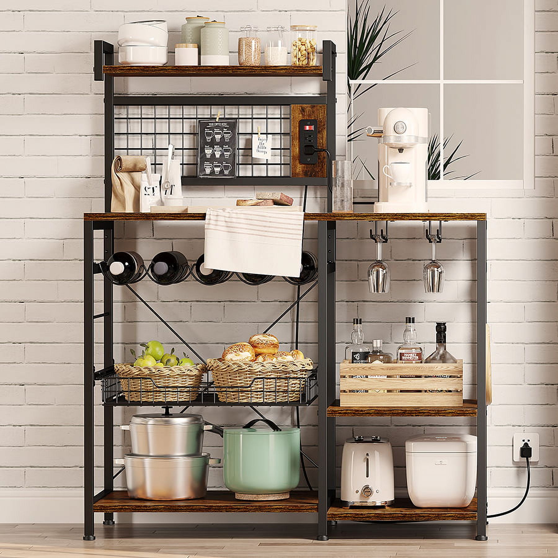 EnHomee 6 Tier Kitchen Bakers Rack Microwave Oven Stand with Storage Coffee  Bar with Shelves Cabinet Hooks, 29.5 W * 13.9 D * 63 H Rustic Brown