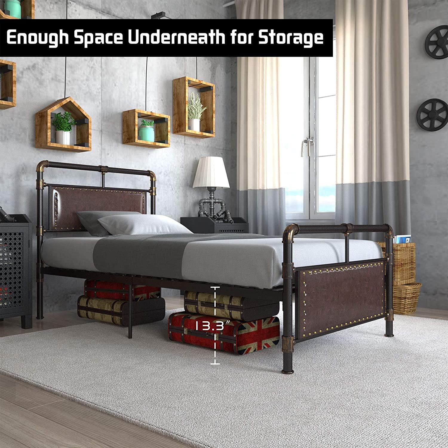 Buy mecor Vintage Metal Twin Bed Frame Upholstered Faux Leather Nail