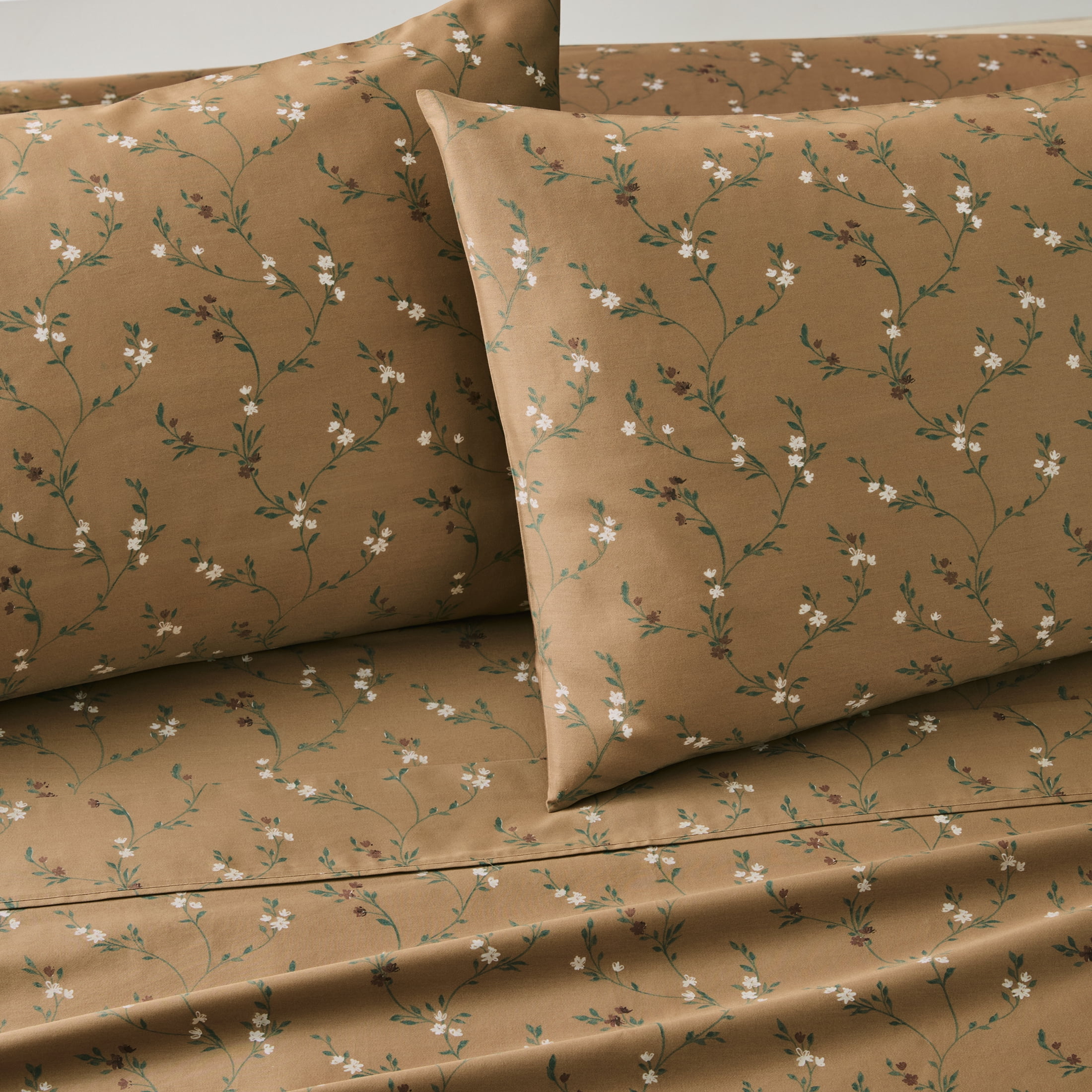 Better Homes & Gardens 3-Piece 300 Thread Count Lysia Floral Dark Caramel Cotton Sateen Bed Sheet Set, Twin XL