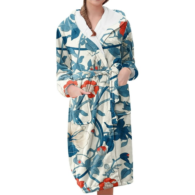 Jindong Robes en Peluche pour Femmes Robe en Polaire Longue Chaude Peignoir de Bain Veste de Détente Imprimée Robe de Confort Robes pour Femmes