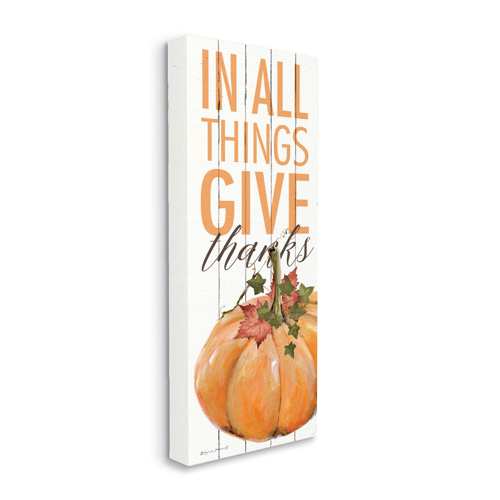 In All Things Give Thanks Autumn Leaves Pumpkin 10 in x 24 in Painting Canvas Art Print, by Stupell Home Décor