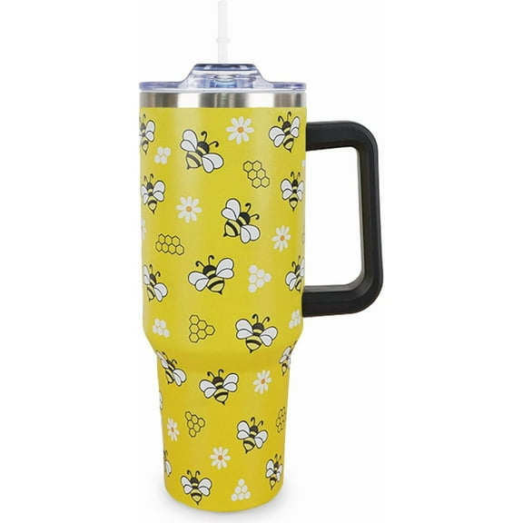 Bee 40 Oz Tumbler With Handle and Straw - Yellow Cup Water Bottle Drinking Glass, Gifts for Women Girls Bee Lovers, Accessories Stuff for Christmas Birthday