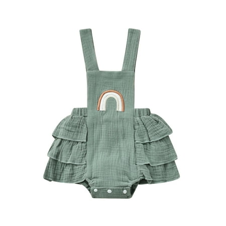 

Genuiskids Newborn Infant Unisex Baby Ruffle Romper Sleeveless Rainbow Embroidery Strap One Piece Summer Bodysuit