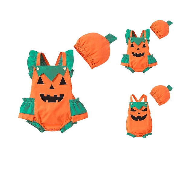 Baby Toddler Girls Boys Pumpkin Unisex Sleeveless Pumpkin Romper Bodysuit with Hats Two Piece Set Halloween Outfit Dress up Party Clothes Size 6-24M