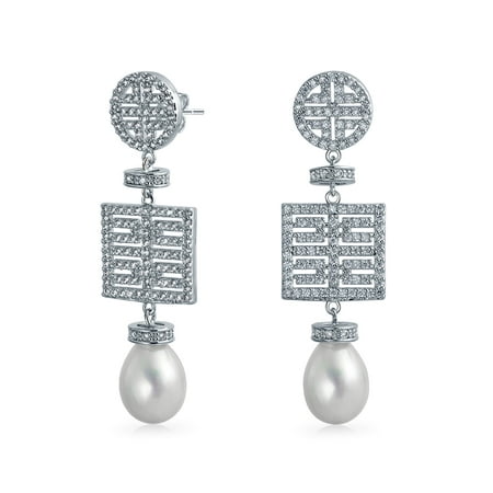Bling Jewelry Greek Key CZ Simulated Pearl Drop Earrings Rhodium Plated Brass