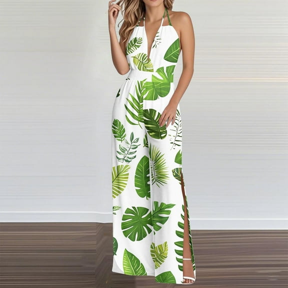 DUMUIELD Women Summer Dressy Jumpsuits One Piece Sleeveless Casual Wide Leg Pants Romper Jumper Boho Printed Side Split Outfits White,L