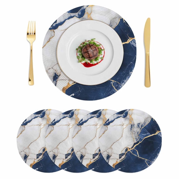Round Placemats Blue Gold Marble 15 inch Set of 4 Table Mats for Dining Table Abstract Heat Resistant Non-Slip Kitchen & Home Decorative Place Mat Set