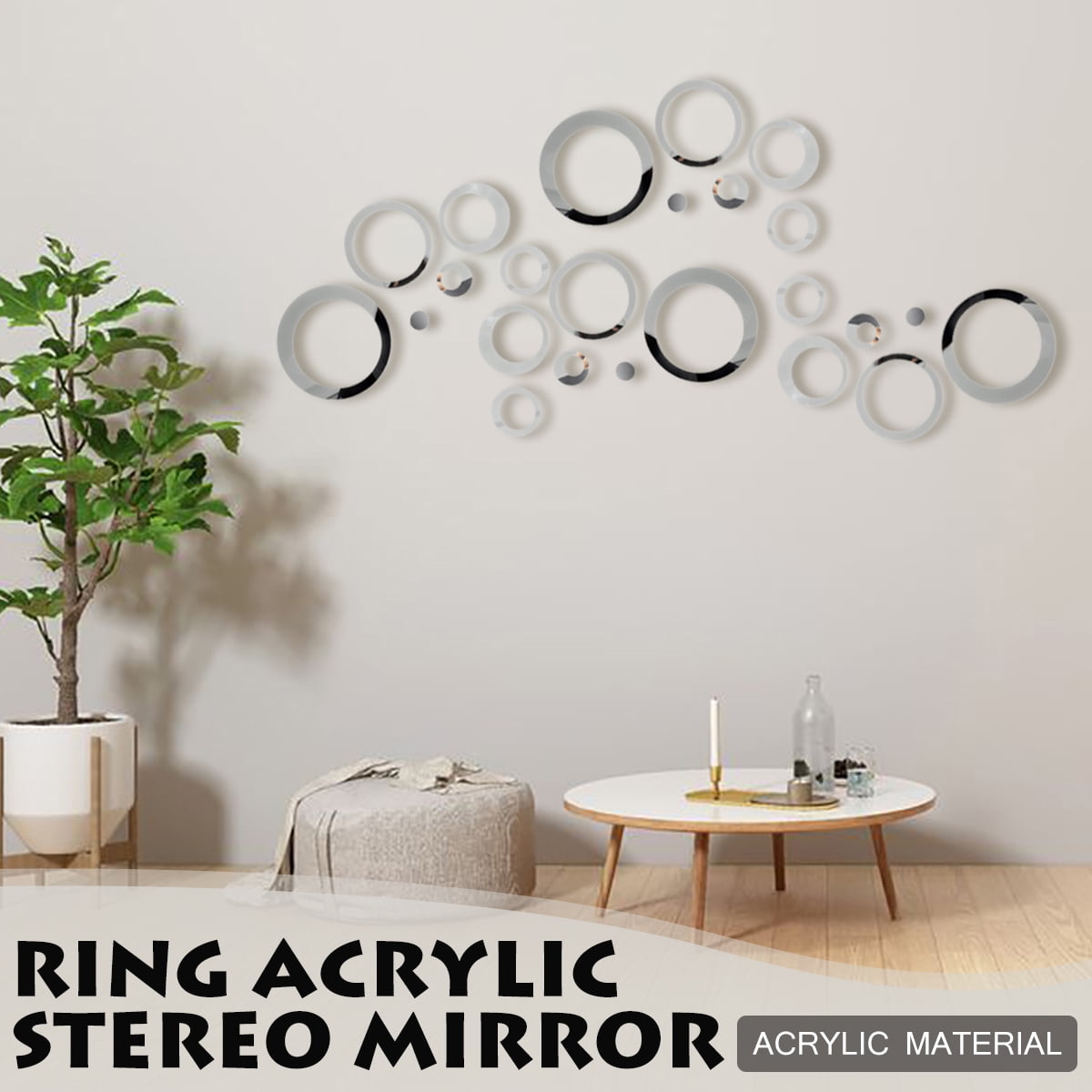 24Pcs 3D Mirror Ring Circles Wall Stickers Acrylic Mural Home Bedroom ...