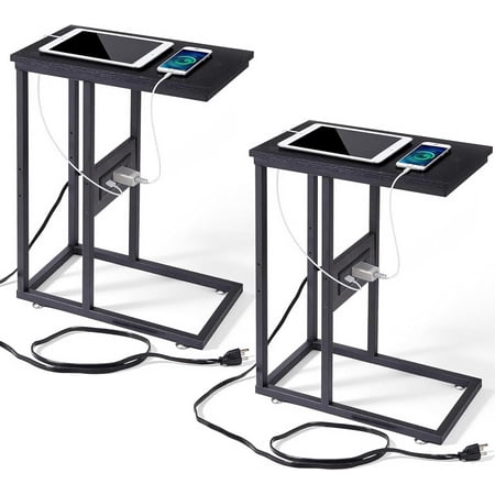 HUANG C-Shaped End Side Table Set of 2 with Charging Station - Black Snack TV Tray with Power Outlets for Couch Bed