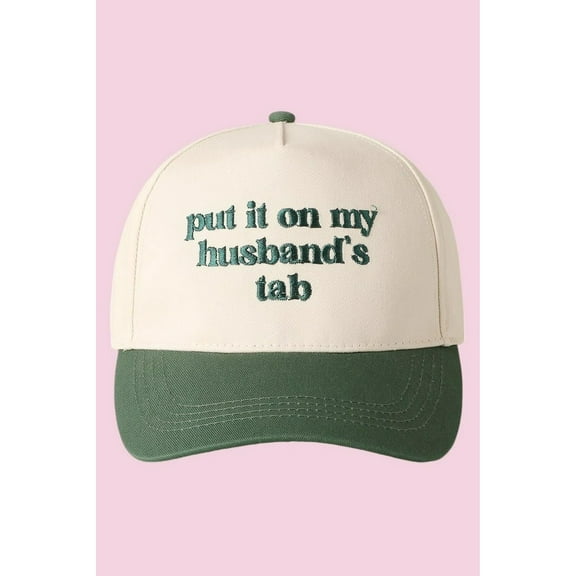 Put It On My Husband’s Tab Trucker Hat, Funny Embroidered Baseball Cap with Green Brim, Adjustable Snapback Mesh Hat for Women, Trendy Fashion Accessory and Gift Idea
