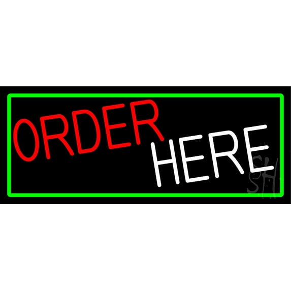 Order Here With Green Border LED Neon Sign 13 x 32 - inches, Clear Edge Cut Acrylic Backing, with Dimmer - Bright and Premium built indoor LED Neon Sign for Bar decor.