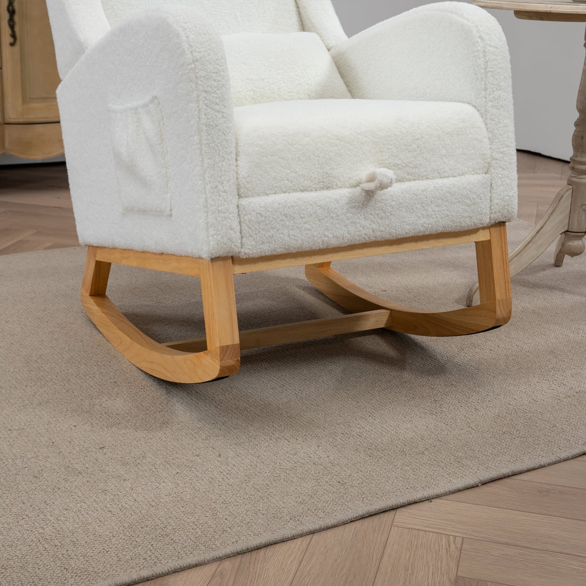 25.4"W Modern Rocking Chair for Nursery, Mid Century Accent Arm Rocker With Retractable Footrest, Side Pocket, Comfy Upholstered Wingback Wooden Glider Chair for Living Room Baby Kids Room. Ivory