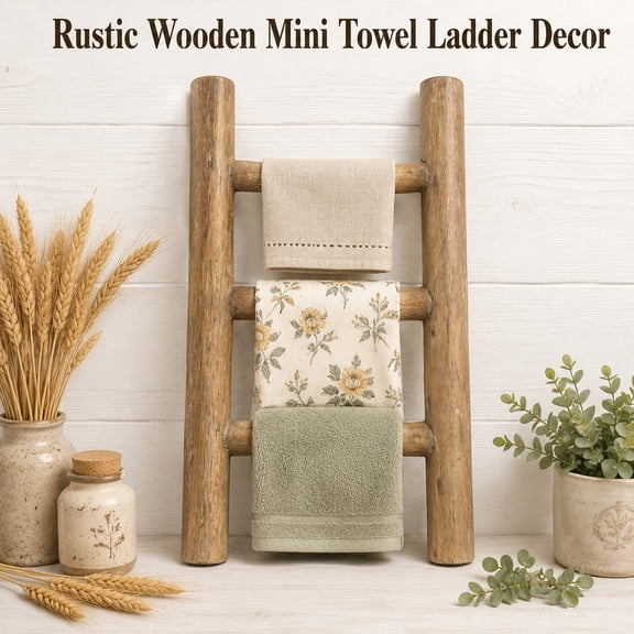 Rustic Wooden Mini Towel Ladder-Freestanding Tea Towel Ladder & Small Wooden Ladder Decor, Ideal as a Towel Ladder for Bathroom, Kitchen Hand Towel Holder Stand