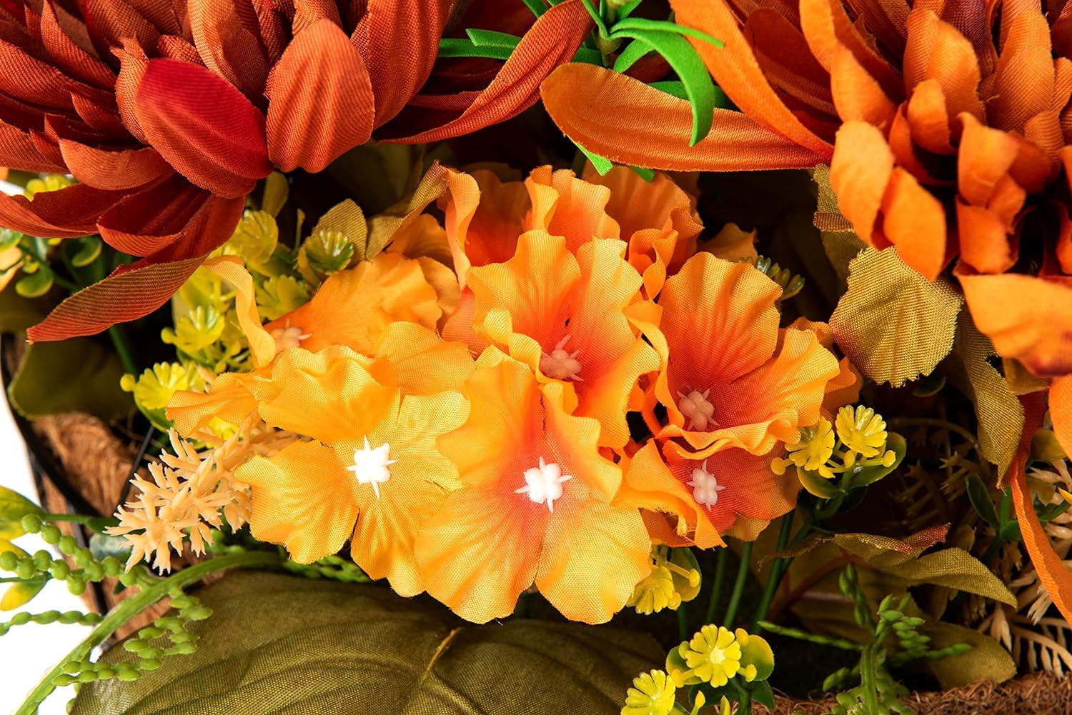 Artificial Faux Hanging Flowers Plants in Basket for Outdoor, Fully Assembled Fake Fall Orange Mix Silk Chrysanthemum Hydrangea Mums Arrangements Hanging Planter for Home Porch Patio Balcony Decor