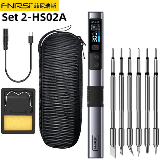 fnirsi hs-02 soldador inteligente 100w estación de soldadura termostática portátil, vista frontal de la pluma soldadora negra y gris con pantalla HD 0.96" y botones OK/arriba/abajo; incluye estuche negro con cremallera, cable USB-C, soporte con esponja y seis puntas intercambiables de acero. Control PID 100–450 °C, admite PD/QC hasta 100W, adecuado para mantenimiento electrónico doméstico y reparación de placas.