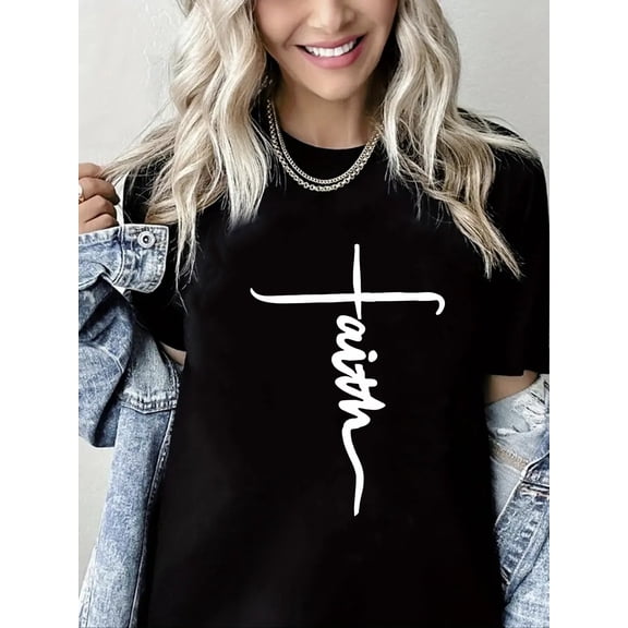 Christian Tshirt Crucifix Print Pure Cotton Short Sleeve Shirt for Women