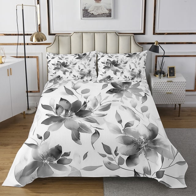 Erosebridal Teens Flower Plant Coverlet Set King, Grey Bedding Set, Leaves Decor, 3 Pieces
