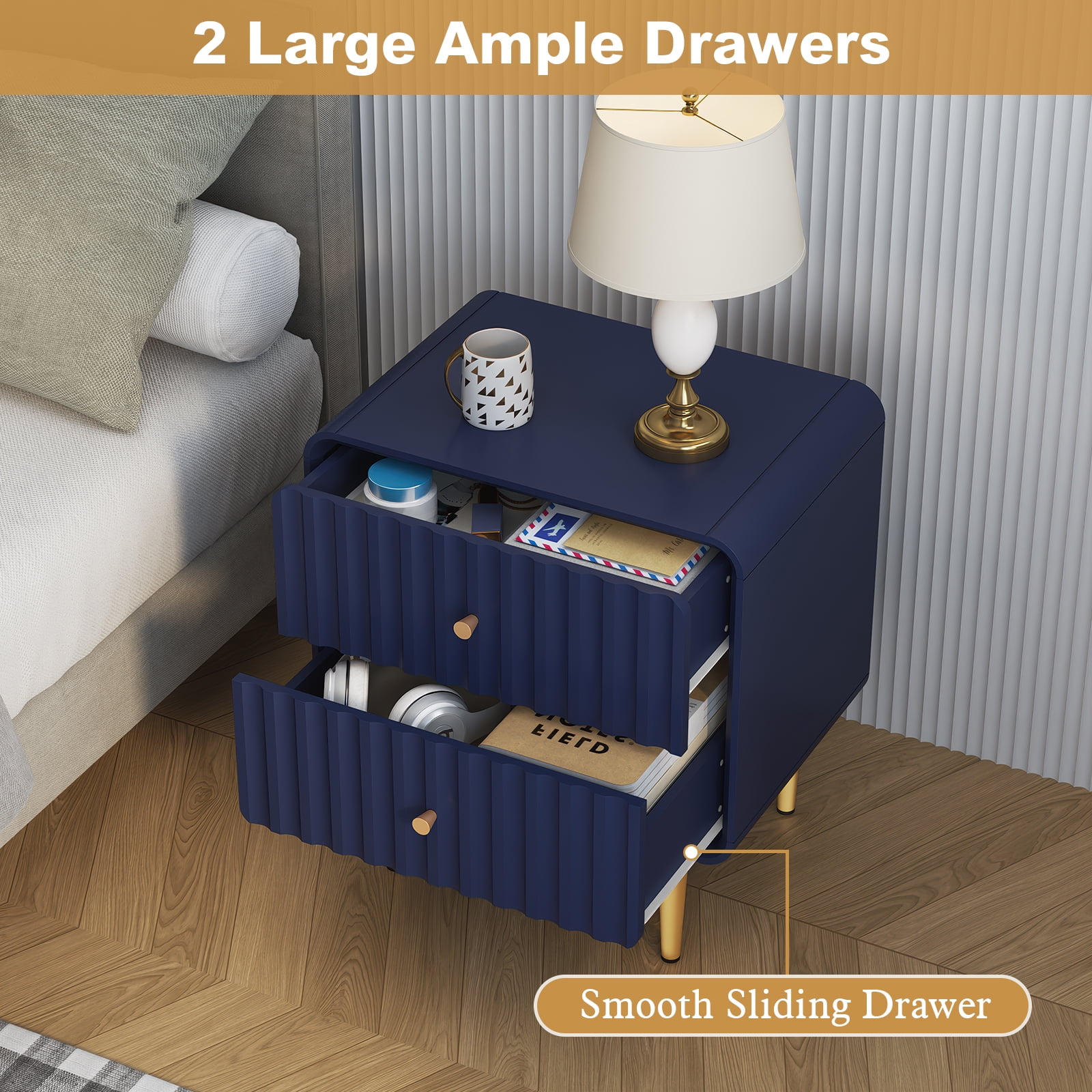 HLR Modern Fluted Wood Nightstand with 2 Drawers, Bedroom Blue Bed SideTable with Storage