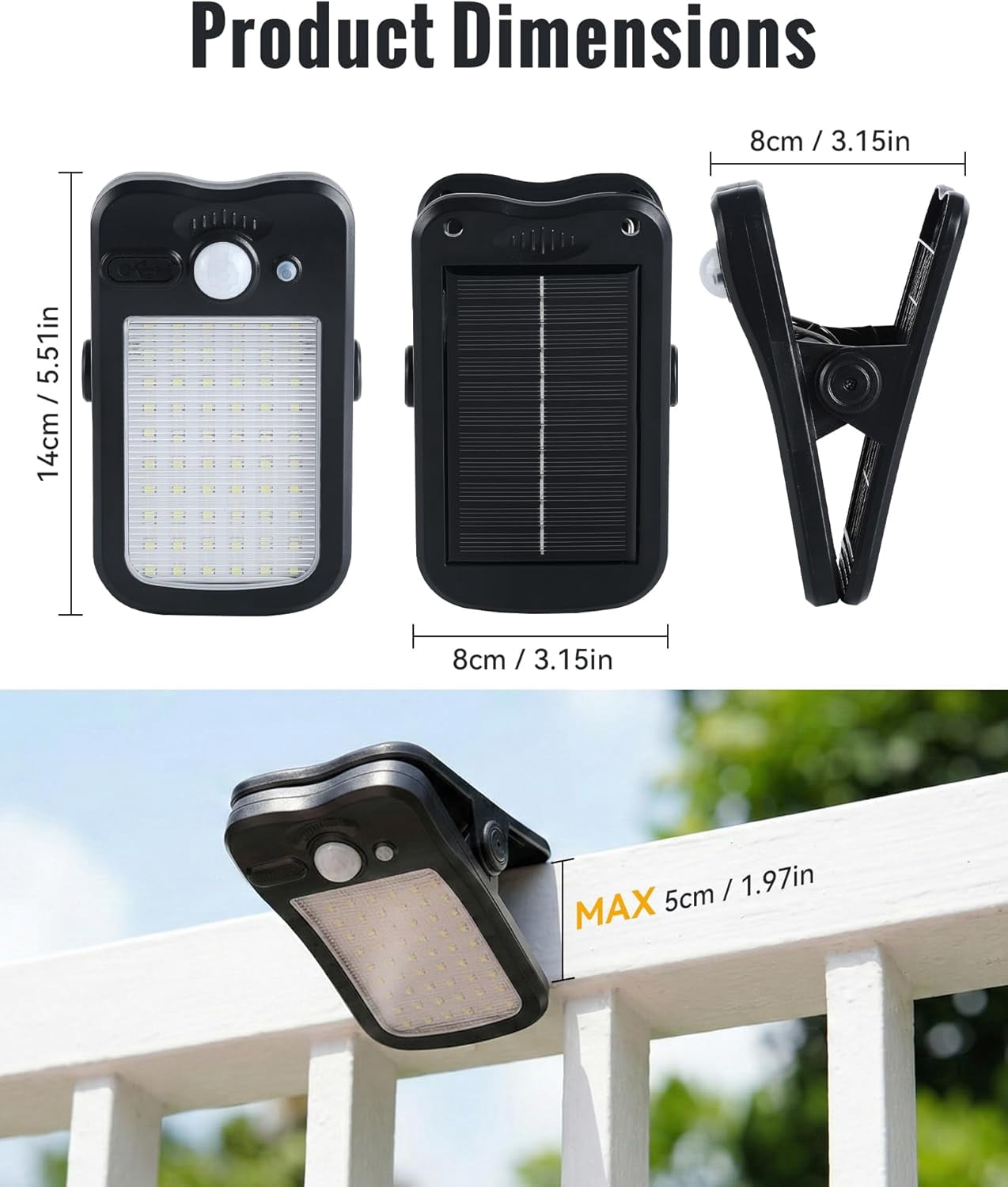 4 Pack Clip On Solar Fence Lights Outdoor Waterproof, Security Motion Sensor Lights with 3 Light Modes for Fence, Wall, Garage, Garden, Yard, Patio Umbrella